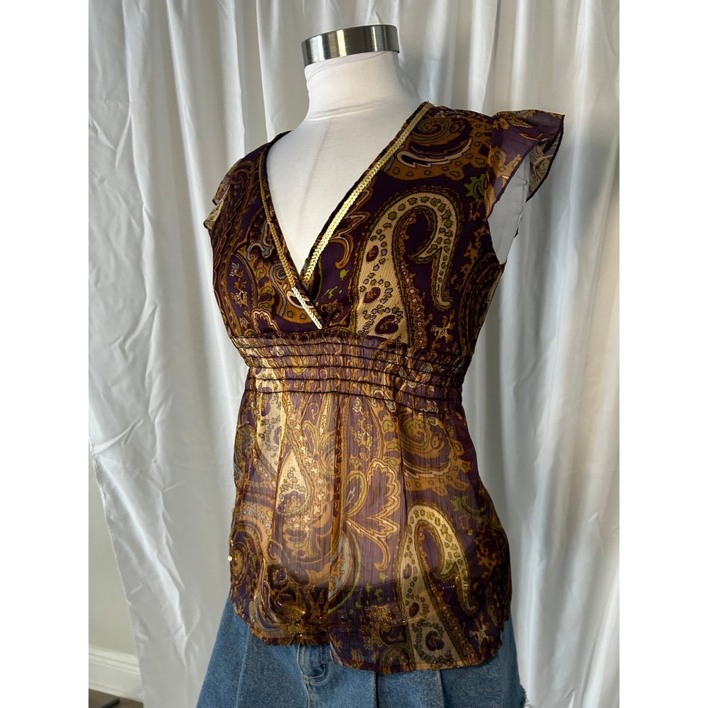 52 Weekends Purple Paisley Sequin Trim Smocked Empire Waist Blouse Small Y2K - Picture 2 of 8